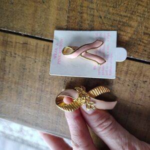 Avon Pink Ribbon Brooch with Gold Accents